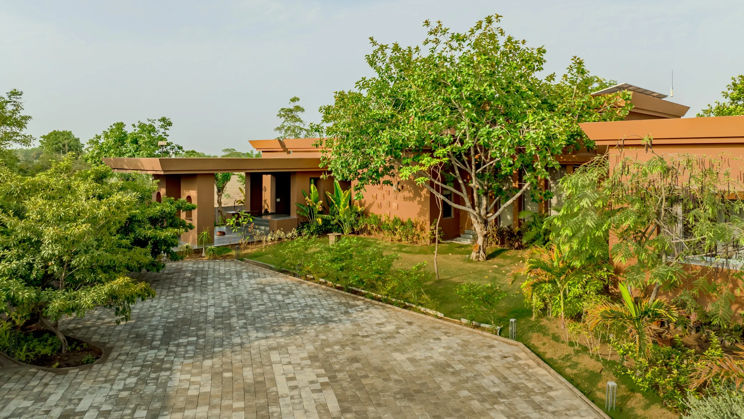 Aerial view of the ochre farmhouse settled in its grove of trees