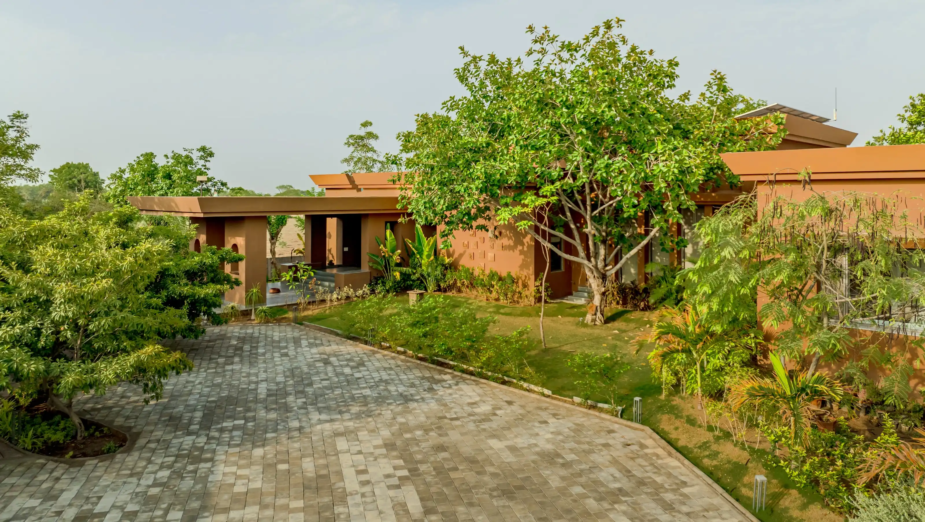 Aerial view of the ochre farmhouse settled in its grove of trees
