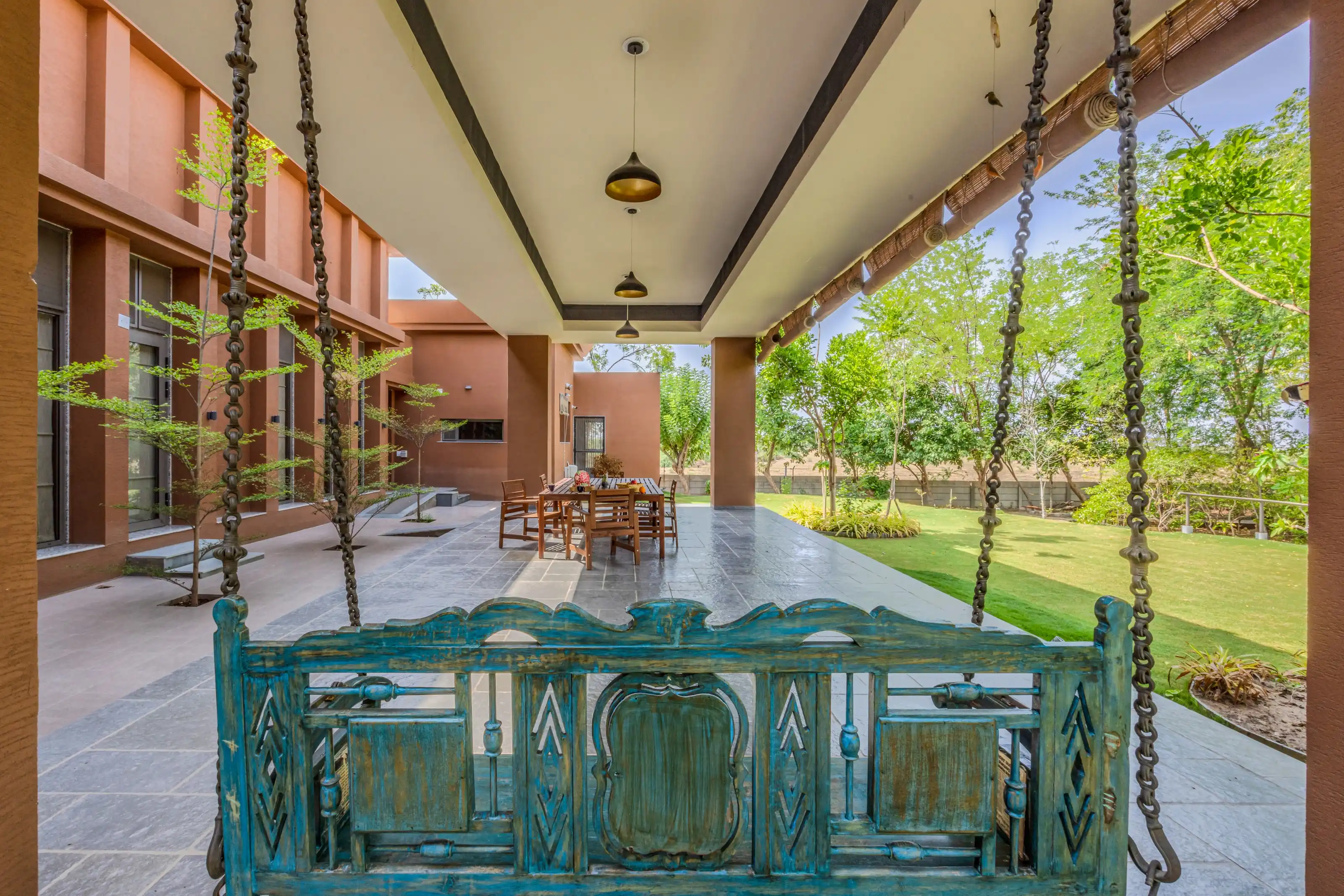 The farmhouse verandah looking out across the planted grove
