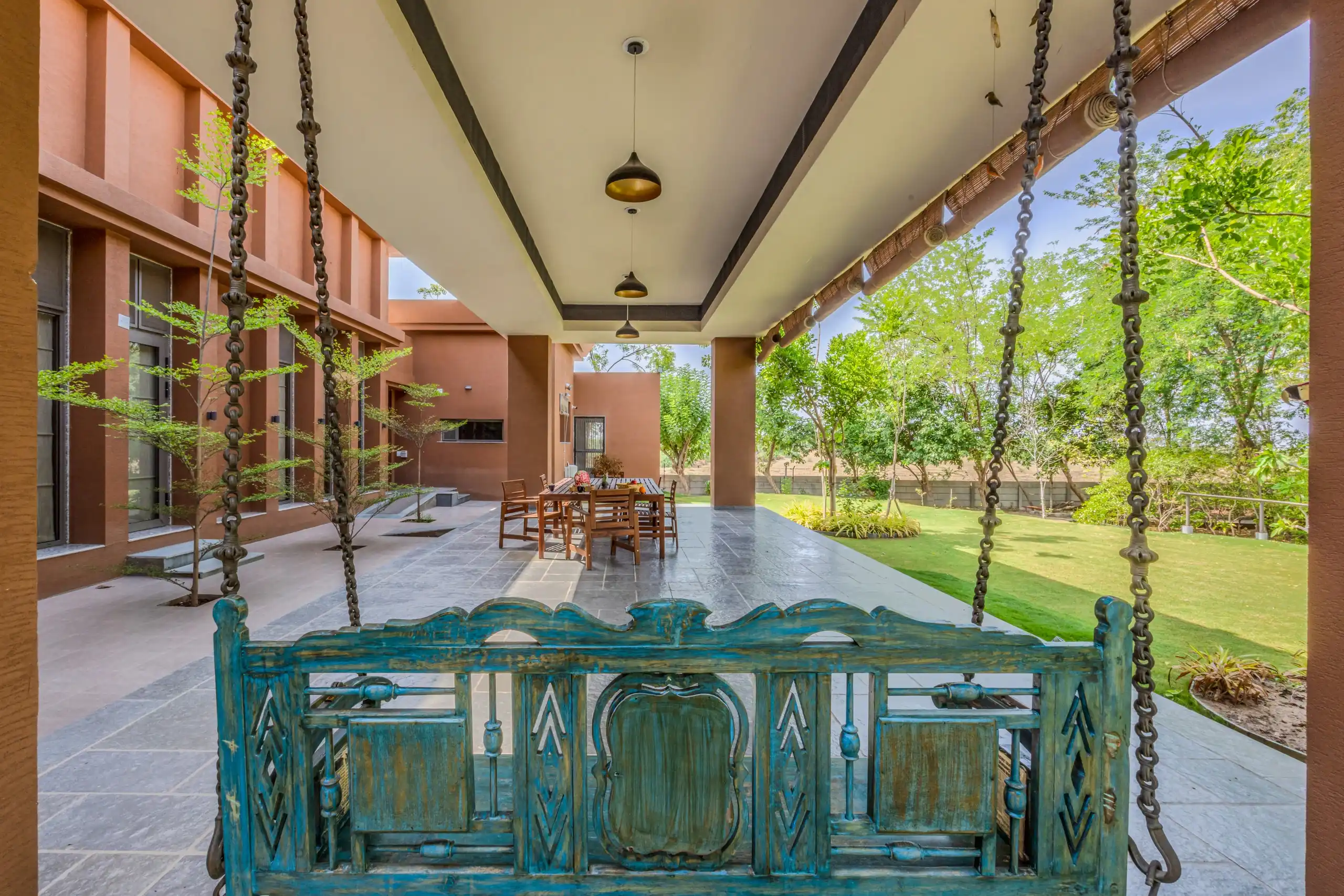 The farmhouse verandah looking out across the planted grove